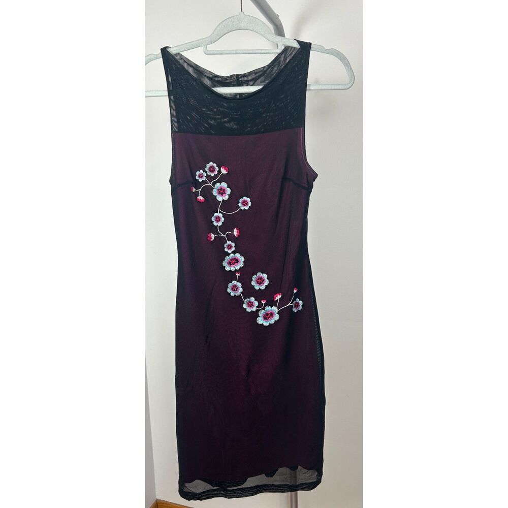 Vintage XOXO Y2K 90s Black Embroidered Flower Dress Fairy Goth S Mesh Burnout
